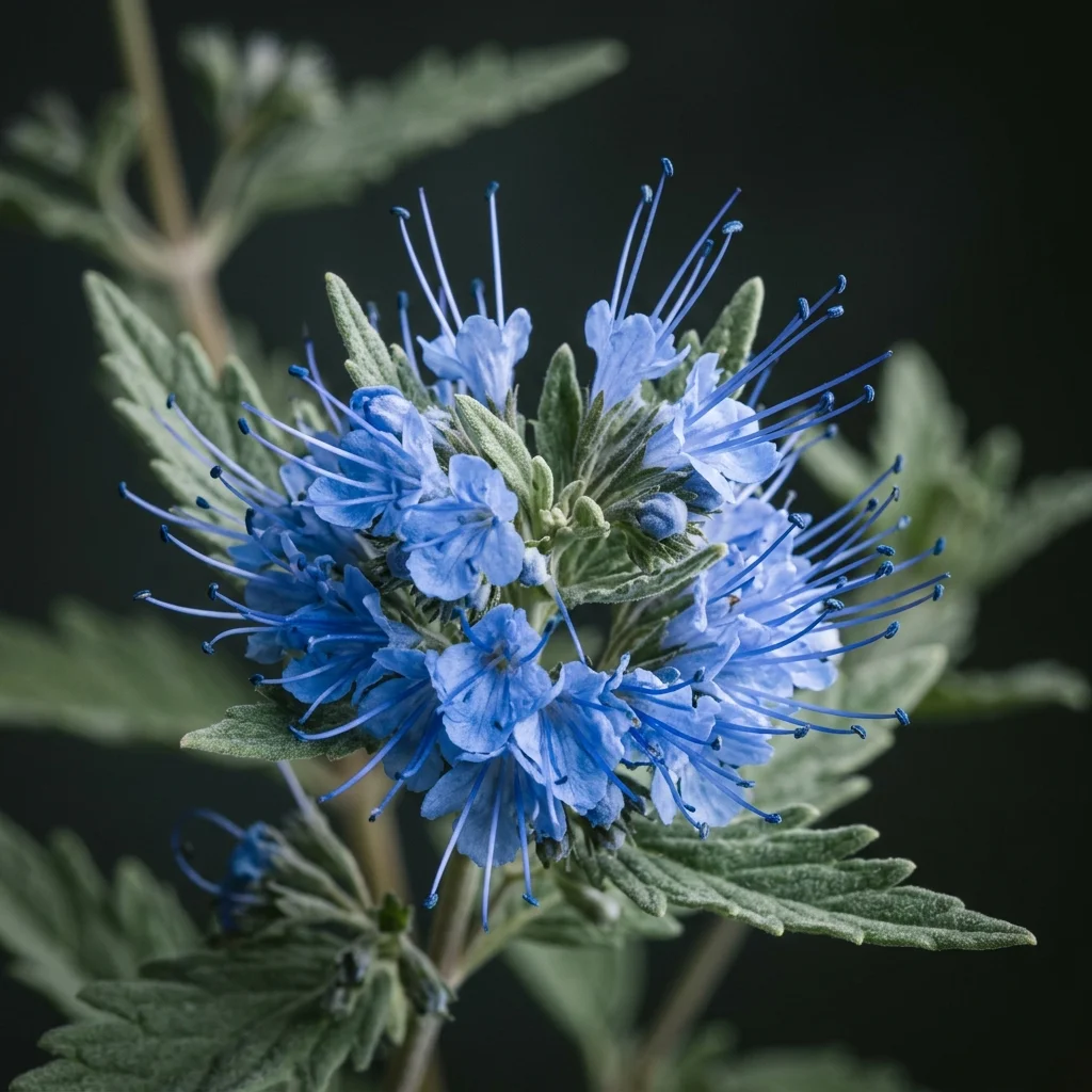 Botanical macro photography of Bluebeard (Caryopteris x clandonensis) - Plant AI care database