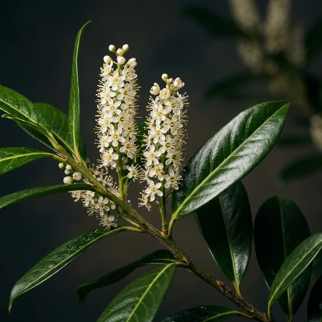 Botanical macro photography of Cherry Laurel (Prunus laurocerasus) - Plant AI care database