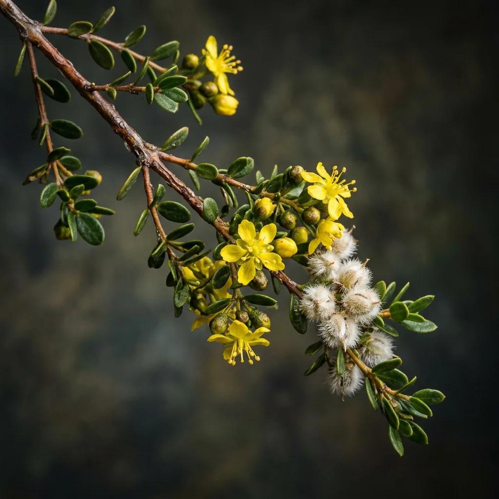 Botanical macro photography of Creosote Bush (Larrea tridentata) - Plant AI care database