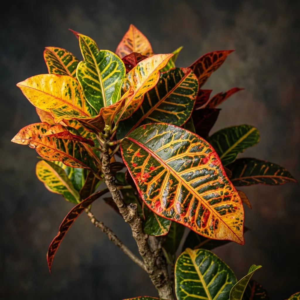 Botanical macro photography of Croton Shrub (Codiaeum variegatum) - Plant AI care database