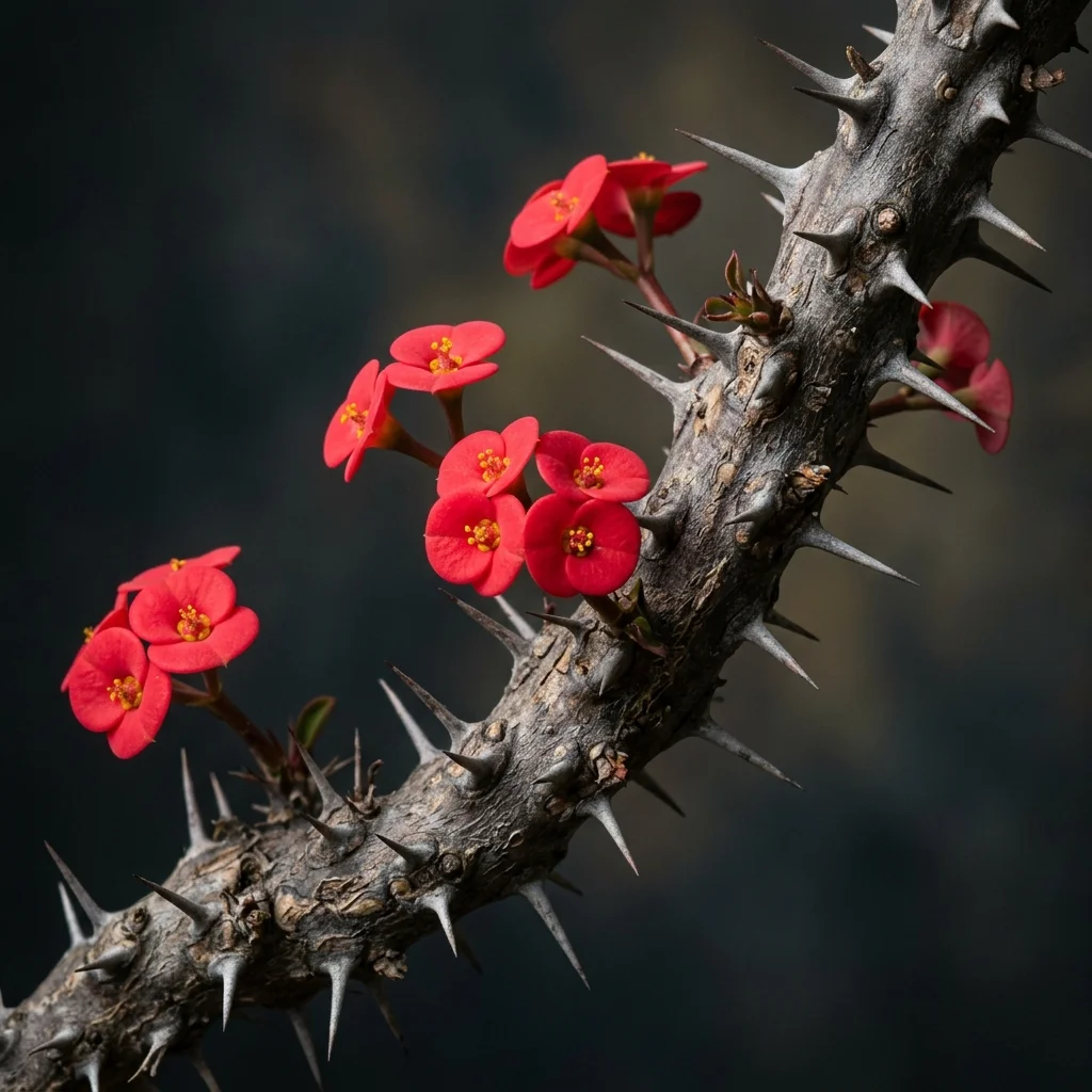 Botanical macro photography of Crown of Thorns Shrub (Euphorbia milii) - Plant AI care database