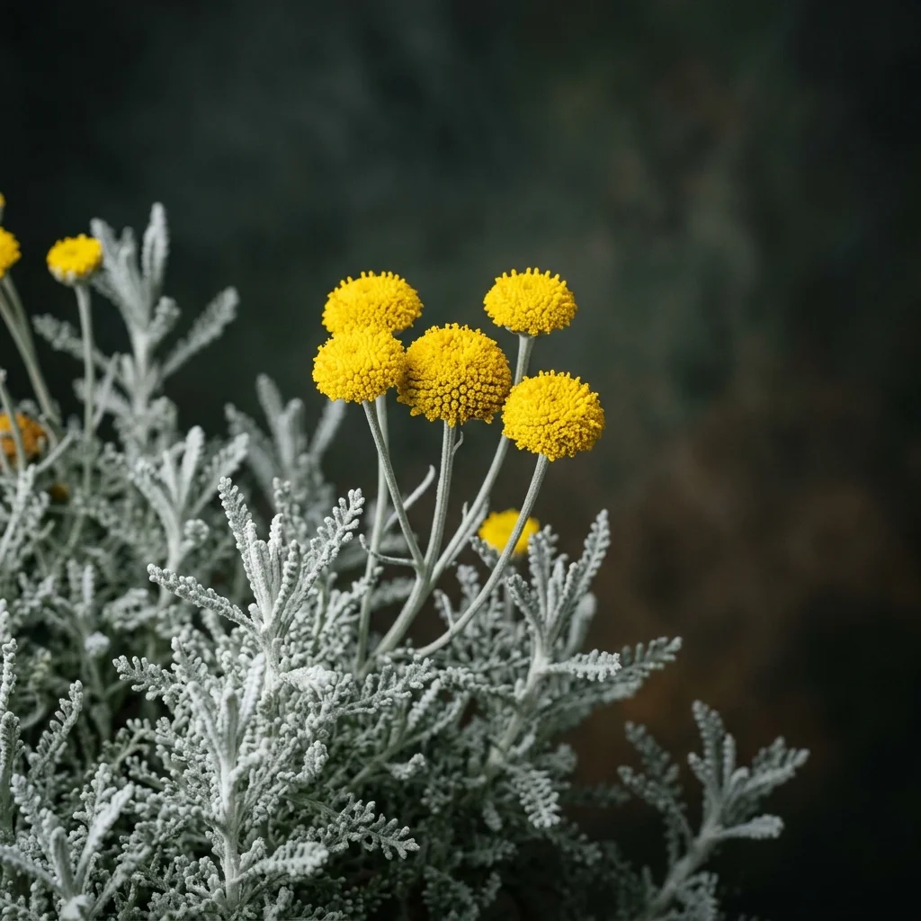 Botanical macro photography of Lavender Cotton (Santolina chamaecyparissus) - Plant AI care database