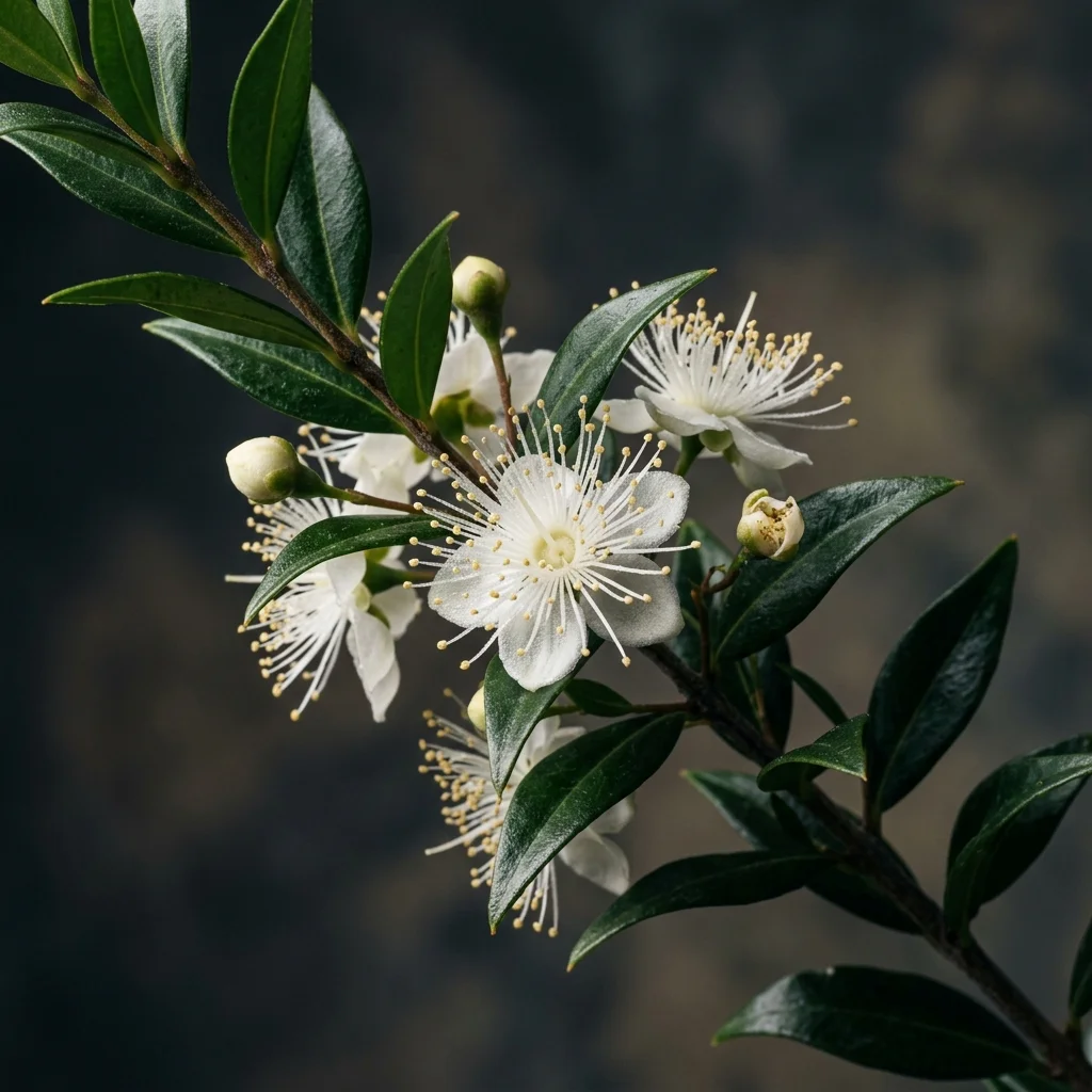 Botanical macro photography of Myrtle (Myrtus communis) - Plant AI care database