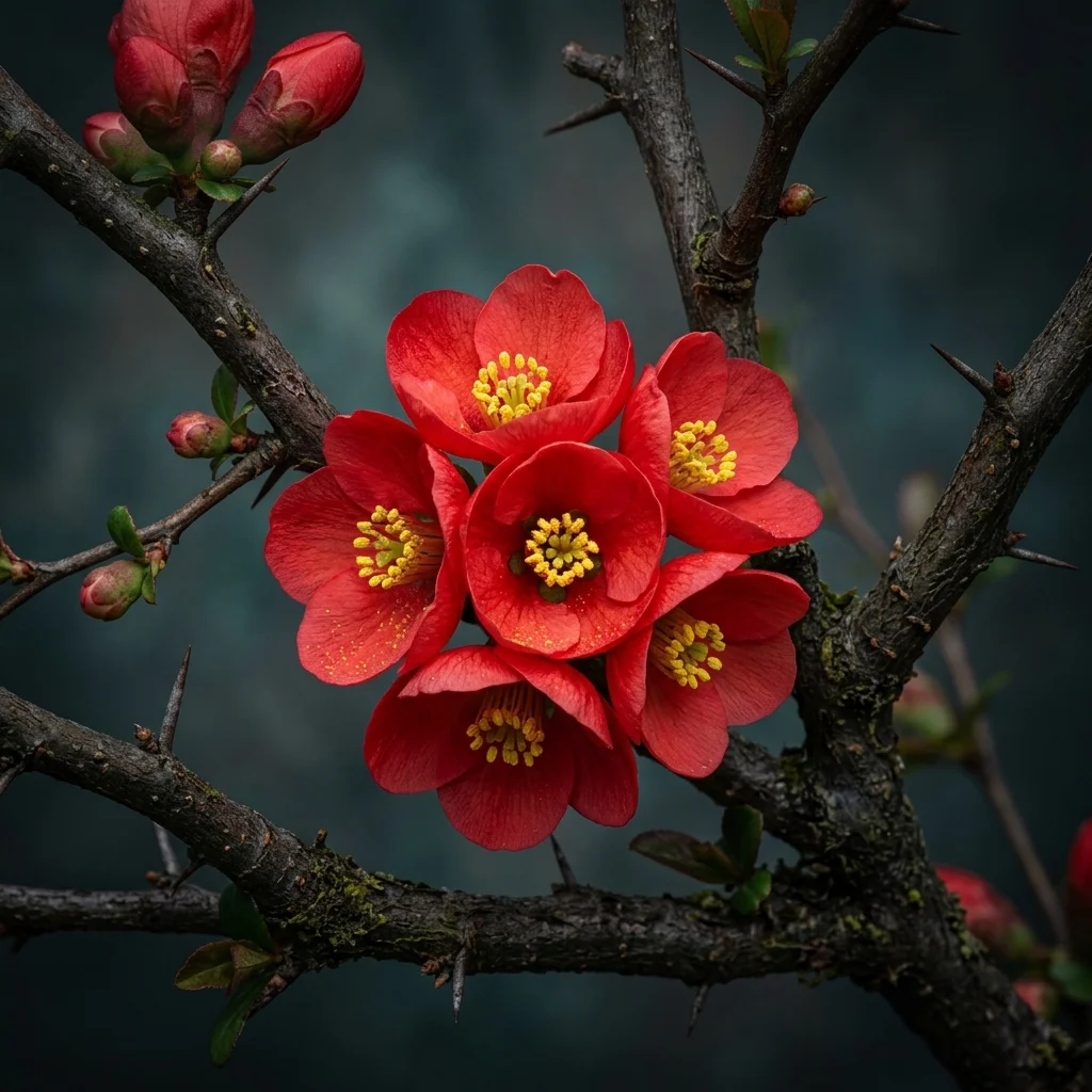 Botanical macro photography of Flowering Quince (Chaenomeles speciosa) - Plant AI care database