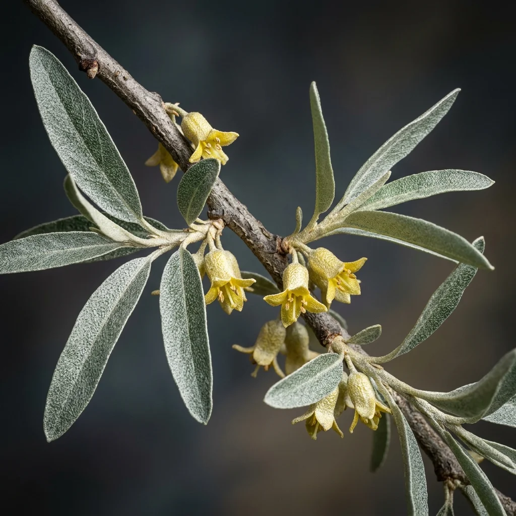 Botanical macro photography of Russian Olive Shrub (Elaeagnus angustifolia) - Plant AI care database
