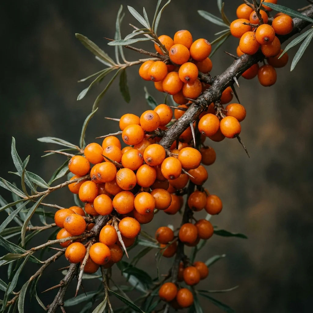 Botanical macro photography of Sea Buckthorn (Hippophae rhamnoides) - Plant AI care database