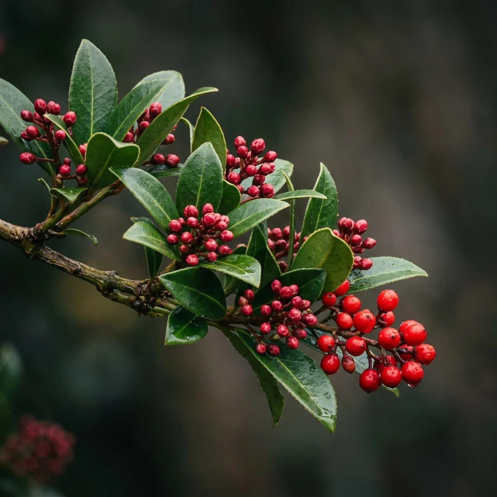 Botanical macro photography of Japanese Skimmia (Skimmia japonica) - Plant AI care database