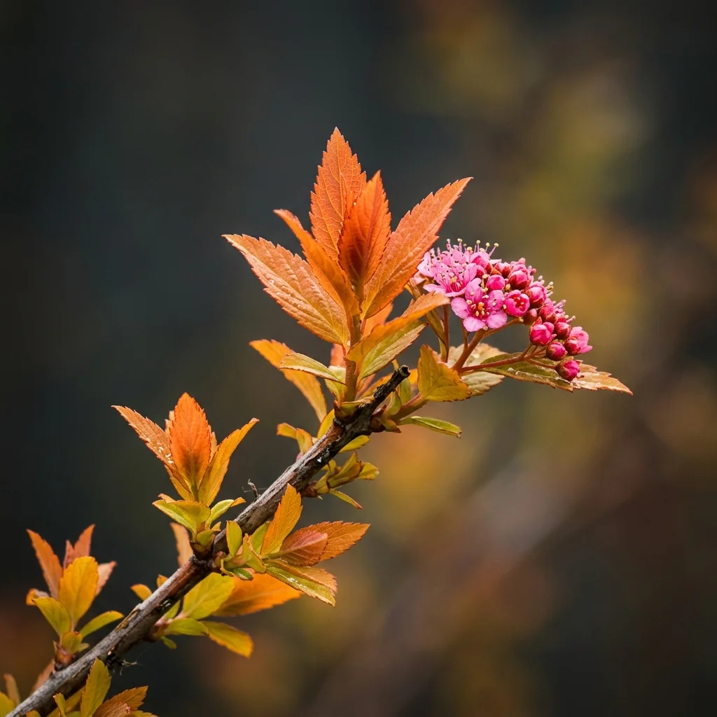 Botanical macro photography of Spirea Goldflame (Spiraea japonica 'Goldflame') - Plant AI care database