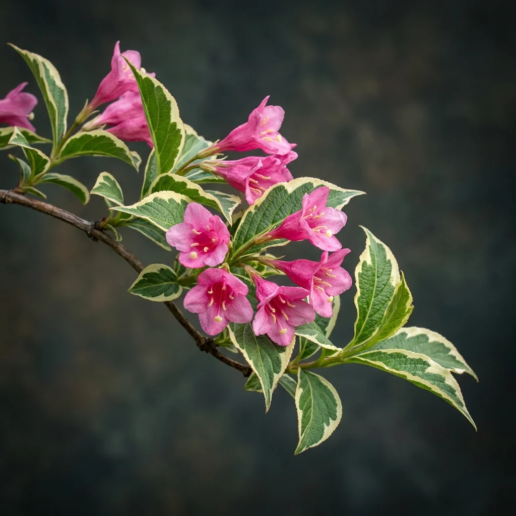 Botanical macro photography of Weigela Variegated (Weigela florida) - Plant AI care database
