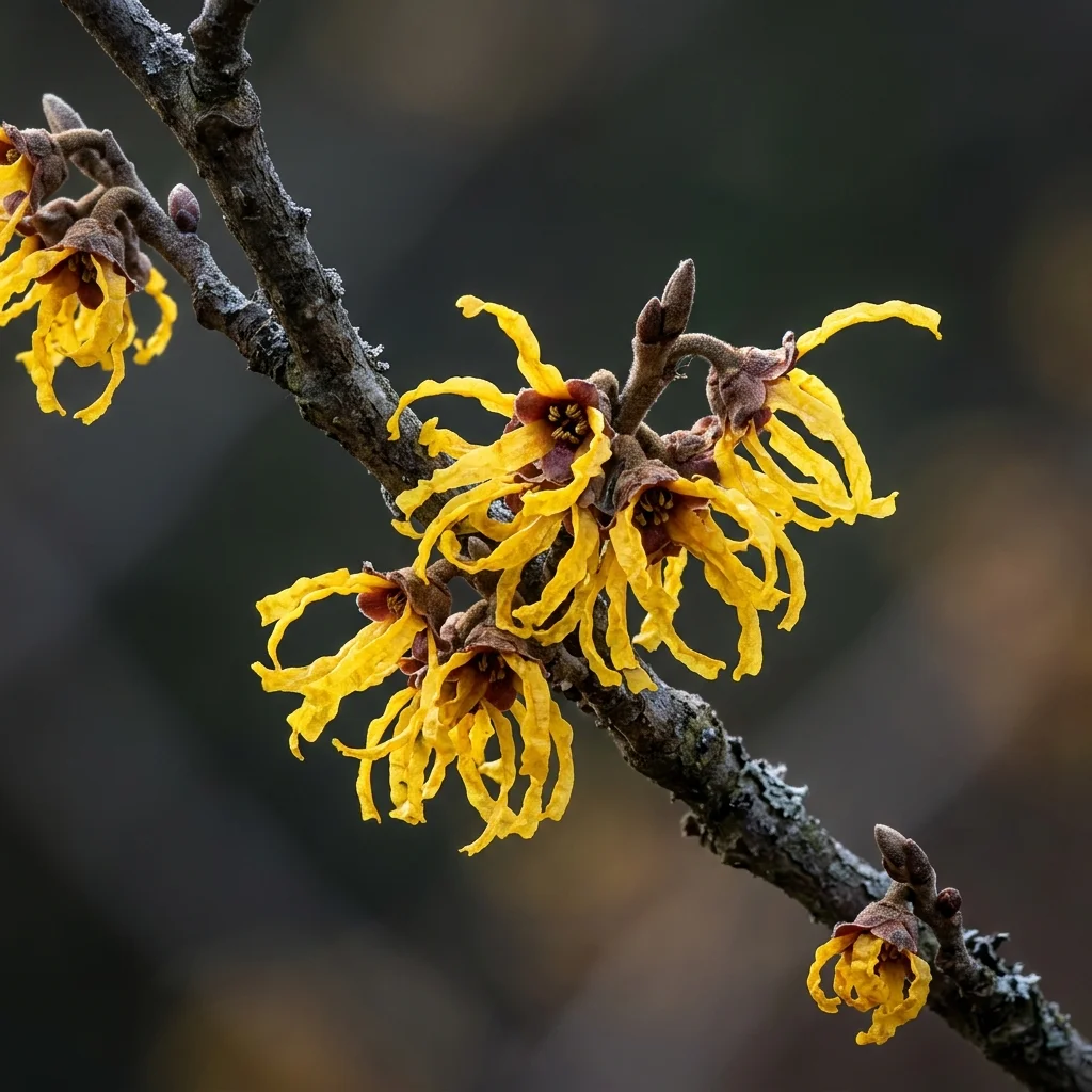 Botanical macro photography of Witch Hazel (Hamamelis virginiana) - Plant AI care database